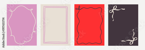 Set of elegant whimsical hand drawn spring frames with wavy squiggle curly ribbons in trendy, vintage styles. Perfect for quirky holiday, wedding, bachelorette invitation