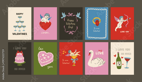   Romantic vintage poster illustration with hearts, bows, doves, cake and champagne. Cute whimsical Valentine’s Day and wedding design for greeting cards, menus, save the date, postcards, wall art