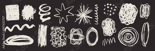 Hand drawn brush strokes and abstract scribbles set. Pencil, ink, marker and paint textures with grunge splashes and rough lines. Art elements for logo, background, overlay, banner and graphic design.