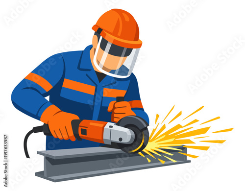 Modern illustration of a metal worker depicting grinding metal with an angle grinder for industrial safety or construction projects