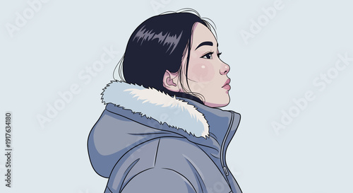 Young woman in winter coat looking up with thoughtful expression.