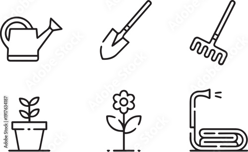 Set of line art gardening tools isolated on white background, minimal garden equipment outline collection, thin line shovel, rake, watering can icons, clean monochrome design