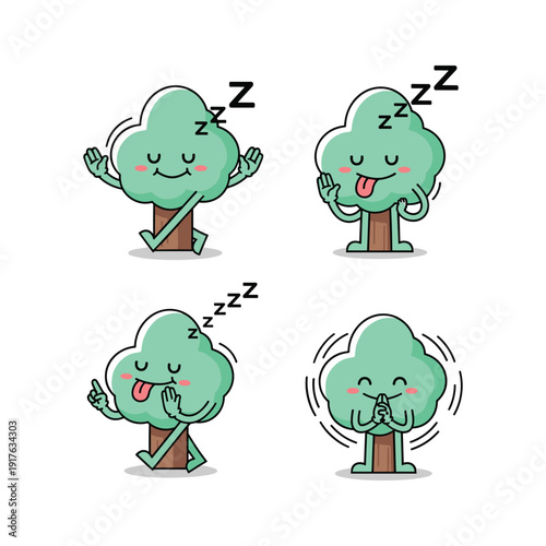 Cute cartoon tree sleeping and yawning with zzz bubbles