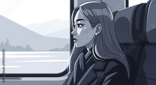 Young woman traveling by train looking out the window.