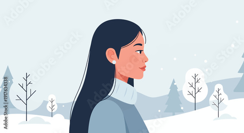 Young woman with long dark hair in profile against a snowy winter landscape.