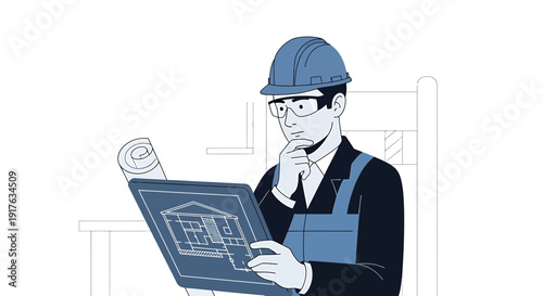 Construction worker in hard hat reviewing blueprints for building project
