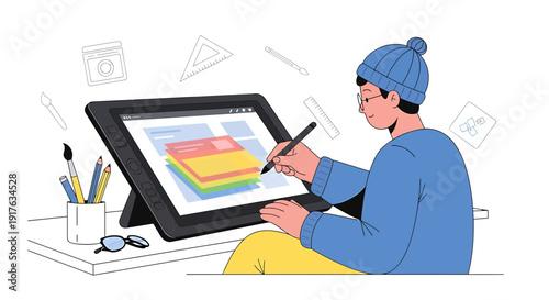 Creative designer working on graphics tablet, digital art and illustration