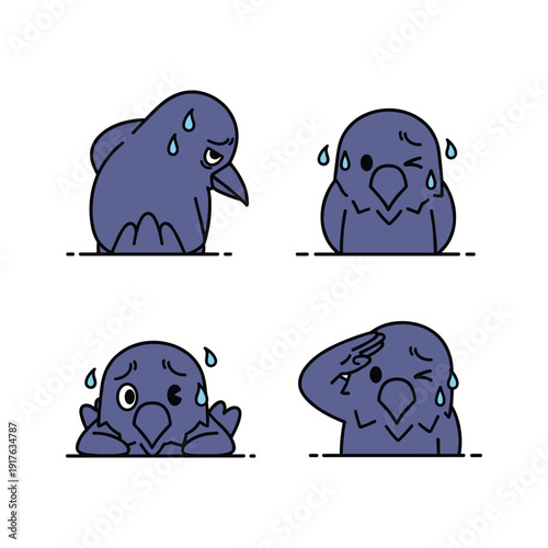 Sad cartoon birds showing different emotions with tears and crying faces