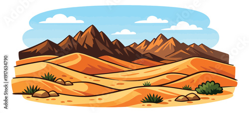 Cartoon illustration of a desert landscape depicting sand dunes and mountains for natural environment design