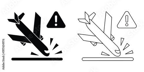 Plane crash icon illustration. Fragile object symbol featuring an airplane breaking apart a warning silhouette. Crashed airplane icons with warning signs in black and white.