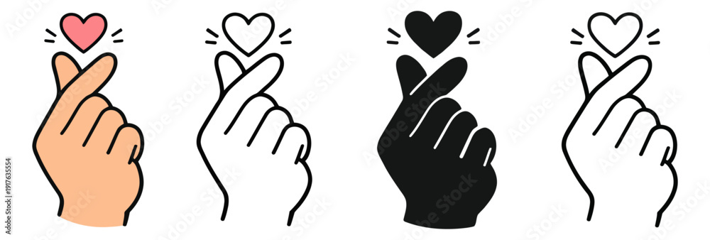Fototapeta premium Hand drawn Korean finger heart gesture set featuring colorful, outline, and silhouette styles for expressing love and affection