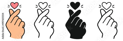 Hand drawn Korean finger heart gesture set featuring colorful, outline, and silhouette styles for expressing love and affection