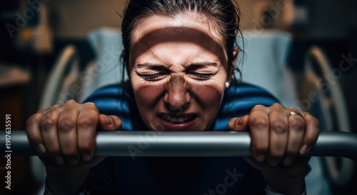 Intense determination woman grips bar showcasing strength during challenging childbirth