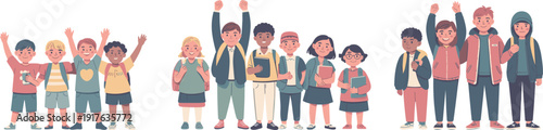 Diverse group of happy school children standing together, multicultural students with backpacks and books, smiling kids flat vector illustration