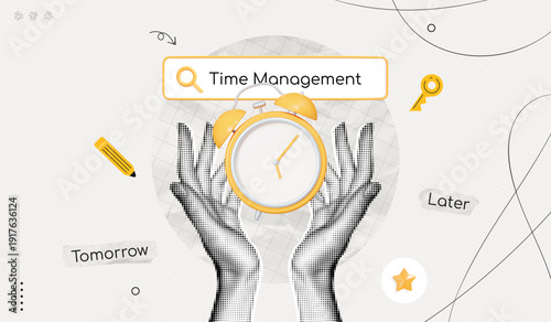 Trendy Halftone Collage Time Management concept. Hands raised up with alarm clock and search bar. Productive and multitasking. Efficient work process organization. Contemporary vector illustration art