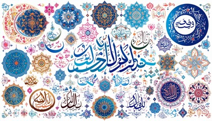 Islamic Art Collage with Arabic Calligraphy and Floral Motifs.