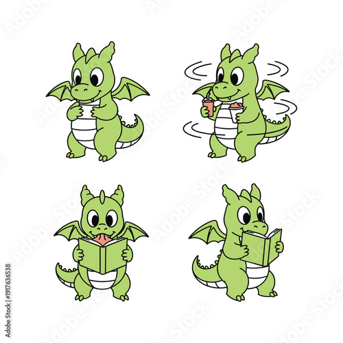 Cartoon green dragon reading and eating in different poses with copy space