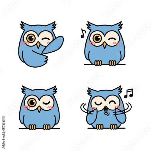 Cartoon blue owls expressing different emotions and actions with cute facial expressions