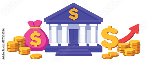 Modern flat design financial elements set featuring a bank building, money bag, dollar sign, coins, and a growth arrow for financial investment and economic growth