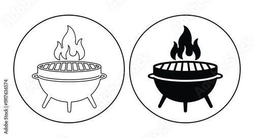 Black and white illustration of outdoor barbecue grill cooking food