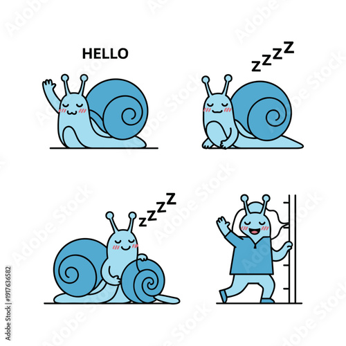 Cartoon snail character in different poses and activities with sleep theme