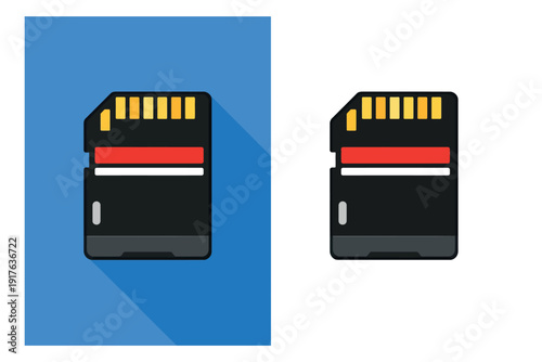 Flat design SD card set featuring a memory card with and without long shadow for data storage technology