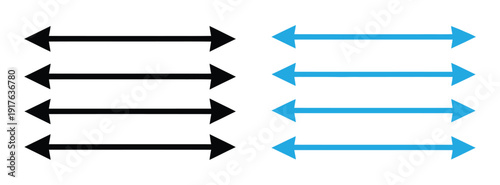 Double sided arrows in black and blue. Dual sided long arrow set. Horizontal long straight arrows collection. Double side long arrow symbol. Two sided long arrow . 