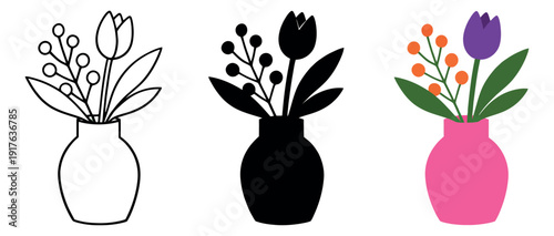 Minimalist floral bouquet set featuring a tulip and berries in a vase for spring celebrations