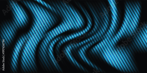 Dynamic blue curved gradient surface with evenly spaced vertical light lines, soft glow effect, contemporary abstract vector wallpaper.