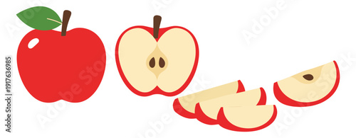 Simple graphic apple set featuring whole, half, and sliced red apples for healthy eating design