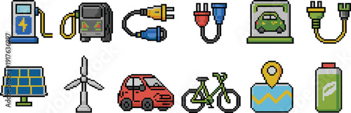Pixel art renewable energy icons set, including electric car charging station solar panel wind turbine battery bicycle eco transport illustration
