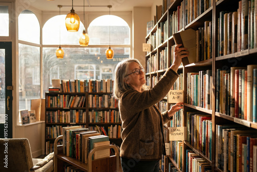 Mature librarian organizing books on high wooden shelves in a cozy, sunlit independent bookstore.