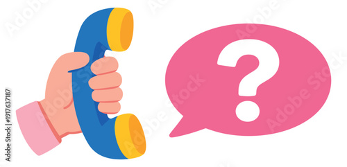 Cartoon style illustration of a hand holding a phone receiver depicting a question for customer support