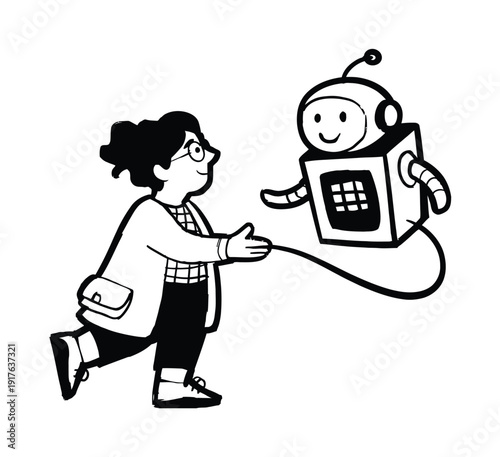 A person in glasses shaking hands with a friendly, cube-shaped robot