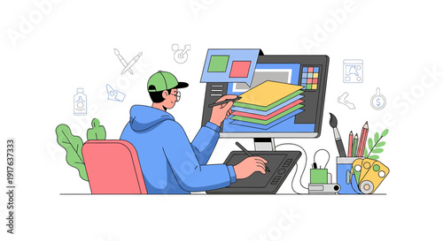 Graphic Designer Working on Computer with Digital Tablet and Tools