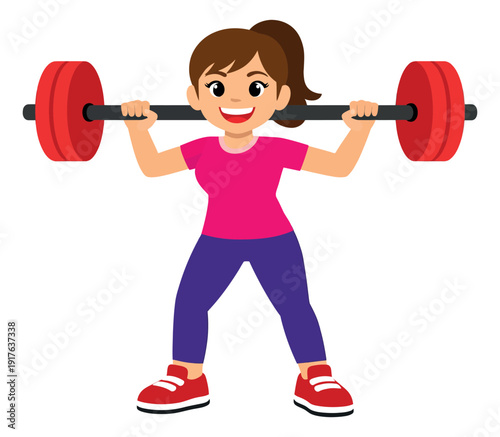 Cartoon style illustration of a woman depicting a barbell squat for a gym workout