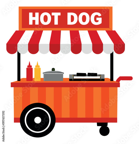 Graphic illustration of a hot dog cart depicting street food vending for quick snacks