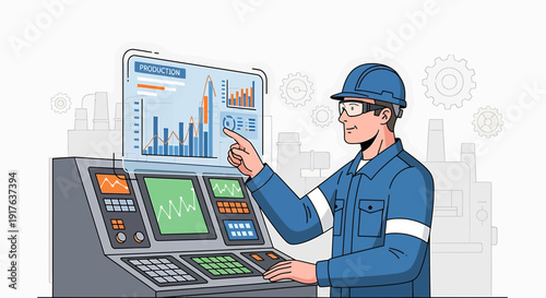 Industrial worker using digital control panel with charts and graphs