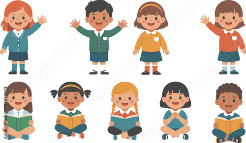 Cute school children reading books and waving, happy elementary students isolated on white background flat vector illustration