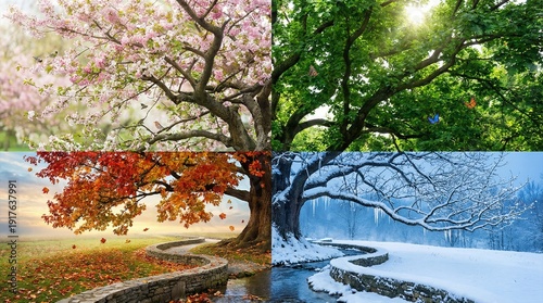 A majestic tree displays the distinct beauty of each of the four seasons, transitioning from spring blossoms to autumn leaves and winter snow