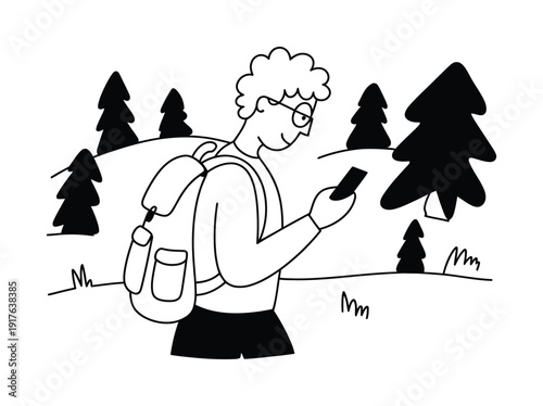 Person with backpack using smartphone in a forest with trees and hills