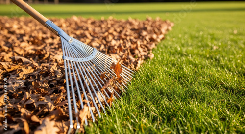 Rake collecting brown autumn leaves on green lawn. Garden cleanup for Spring cleaning. Seasonal yard work and gardening concept.