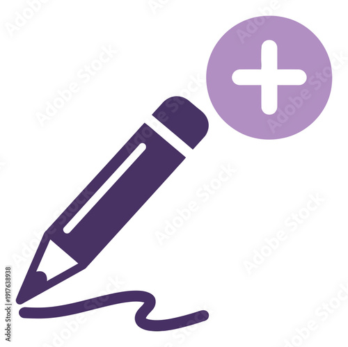 Flat design illustration of a pencil and an add icon depicting content creation for digital platforms