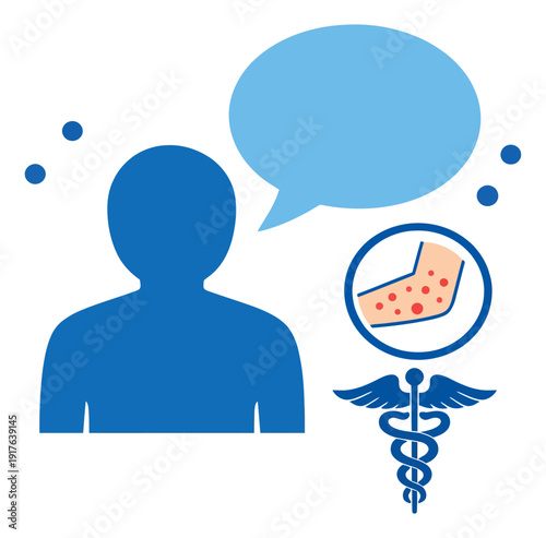 Modern graphic illustration of a person depicting thoughts about a skin rash and medical consultation for healthcare communication