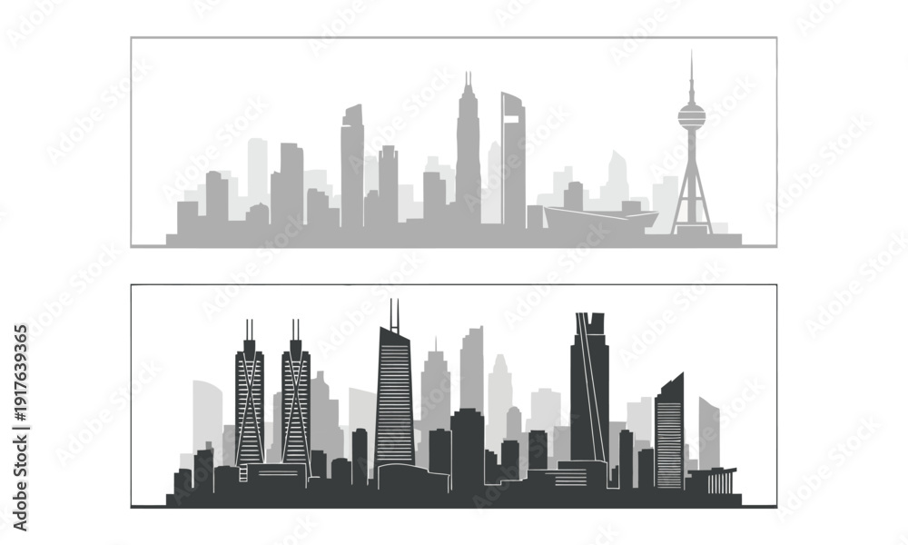 Fototapeta premium Cityscape illustration showcasing metropolitan skyscrapers and tower from various viewpoints