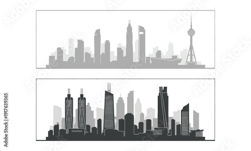 Cityscape illustration showcasing metropolitan skyscrapers and tower from various viewpoints