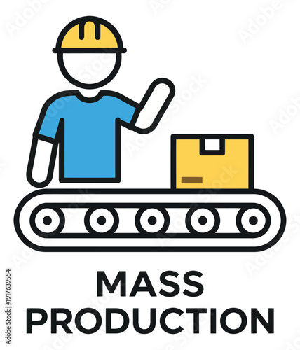 Line art illustration of a worker and conveyor belt depicting a mass production process for industrial manufacturing