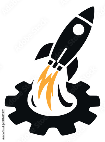 Modern illustration of a rocket launching from a gear depicting business startup and technological innovation for progress
