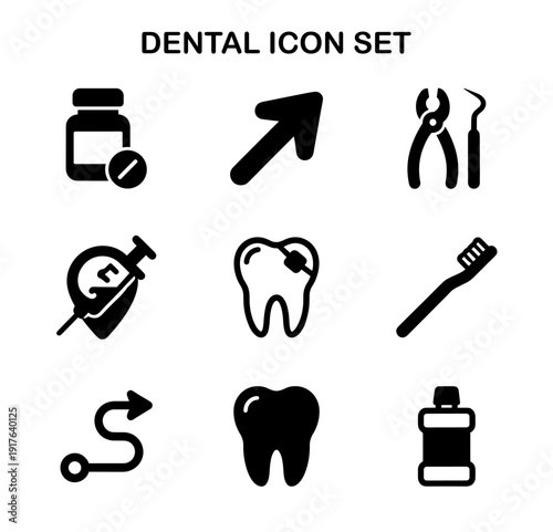 Simple Line Style Dental Icon Set of Tooth, Medicine, and Equipment