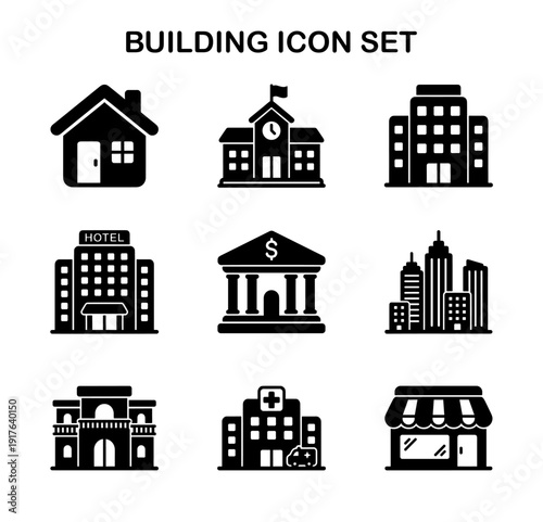 Minimalist Silhouette Building Symbol Set Vector Illustration of Architecture Icons